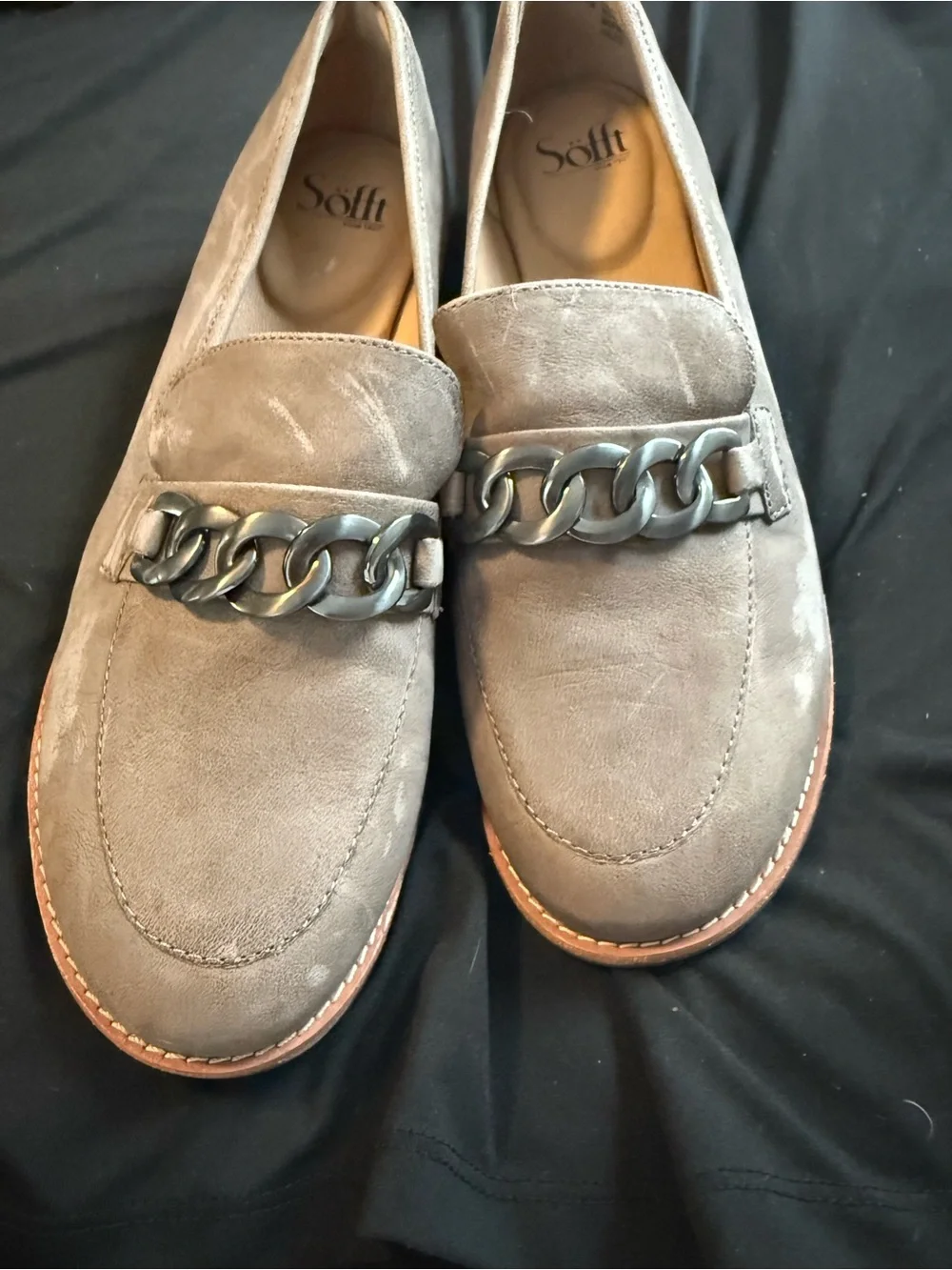 Women’s Taupe Suede Chain-Trim Loafers